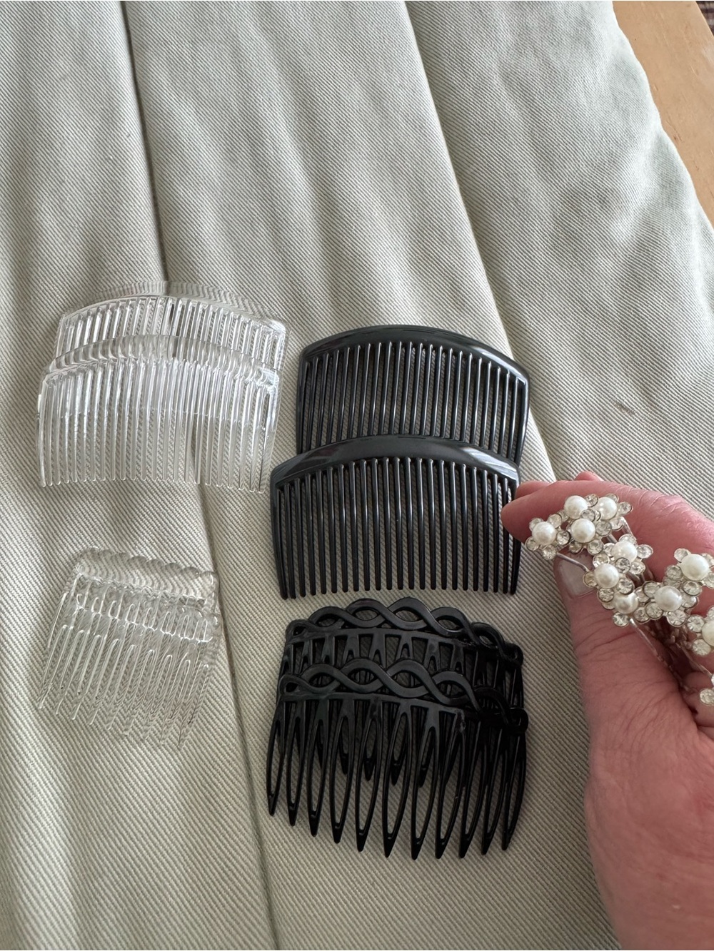 Set of Decorative Hair Combs in Clear and Black and pearl decorative hair pins